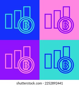 Línea de arte pop Icono de bitcoin gráfico circular aislado en fondo de color. Signo de diagrama de diagrama.  Vector