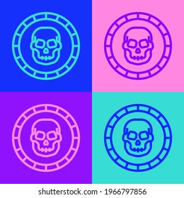 Pop art line Pirate coin icon isolated on color background.  Vector