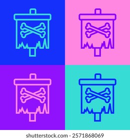 Pop art line Pirate flag icon isolated on color background.  Vector