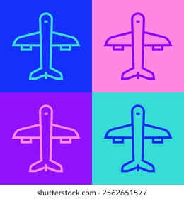 Pop art line Plane icon isolated on color background. Flying airplane icon. Airliner sign.  Vector