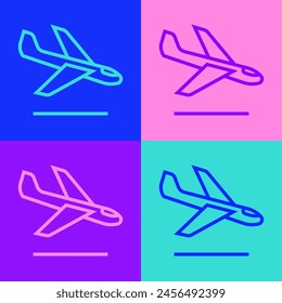 Pop art line Plane landing icon isolated on color background. Airplane transport symbol.  Vector