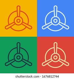 Pop art line Plane propeller icon isolated on color background. Vintage aircraft propeller.  Vector Illustration