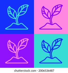 Pop art line Plant icon isolated on color background. Seed and seedling. Leaves sign. Leaf nature.  Vector Illustration