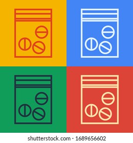 Pop art line Plastic bag of drug icon isolated on color background. Health danger.  Vector Illustration