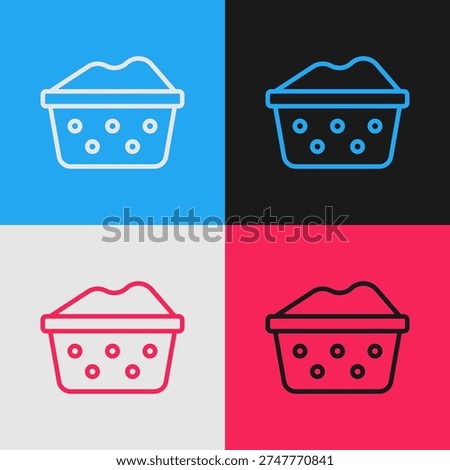 Pop art line Plastic basin with soap suds icon isolated on color background. Bowl with water. Washing clothes, cleaning equipment.  Vector