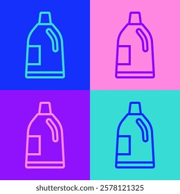 Pop art line Plastic bottle for laundry detergent, bleach, dishwashing liquid or another cleaning agent icon isolated on color background.  Vector