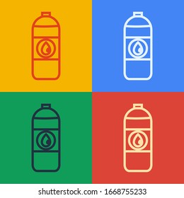 Pop art line Plastic canister for motor machine oil icon isolated on color background. Oil gallon. Oil change service and repair.  Vector Illustration
