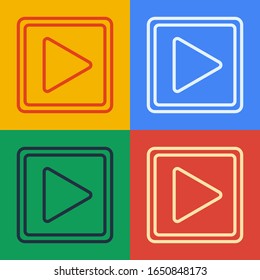Línea de arte pop Reproducir en icono cuadrado aislado en fondo de color.  Ilustración vectorial