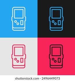 Pop art line Portable tetris electronic game icon isolated on color background. Vintage style pocket brick game. Interactive playing device.  Vector