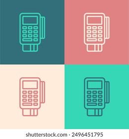 Pop art line POS terminal with inserted credit card and printed reciept icon isolated on color background. NFC payment concept.  Vector
