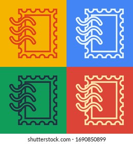 Pop art line Postal stamp icon isolated on color background.  Vector Illustration