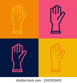 Pop art line Protective gloves icon isolated on color background.  Vector