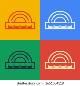 Pop art line Protractor grid for measuring degrees icon isolated on color background. Tilt angle meter. Measuring tool. Geometric symbol.  Vector Illustration