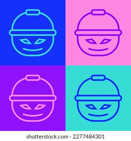 Pop art line Pumpkin basket for sweets icon isolated on color background. Happy Halloween party.  Vector