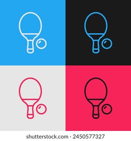 Pop art line Racket for playing table tennis icon isolated on color background.  Vector