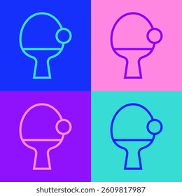 Pop art line Racket for playing table tennis icon isolated on color background.  Vector