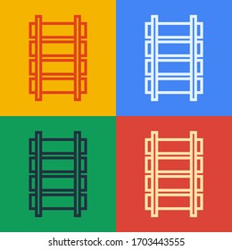 Pop art line Railway, railroad track icon isolated on color background.  Vector Illustration