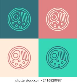 Pop art line Ramen soup bowl with noodles icon isolated on color background. Bowl of traditional asian noodle soup.  Vector