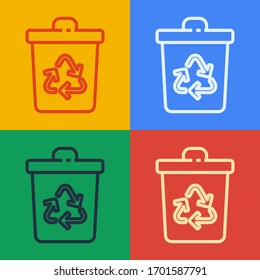 Pop art line Recycle bin with recycle symbol icon isolated on color background. Trash can icon. Garbage bin sign. Recycle basket sign.  Vector Illustration