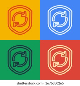 Pop art line Recycle symbol inside shield icon isolated on color background. Eco protection sign.  Vector Illustration