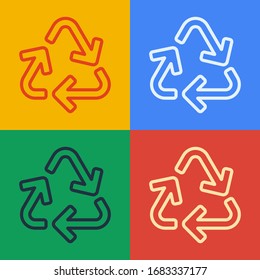 Pop art line Recycle symbol icon isolated on color background. Circular arrow icon. Environment recyclable go green.  Vector Illustration