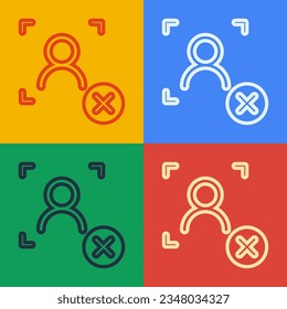 Pop art line Rejection face recognition icon isolated on color background. Face identification scanner icon. Facial id. Cyber security concept.  Vector