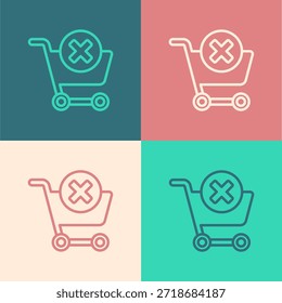 Pop Art Line Entfernen Sie das Warenkorb-Symbol einzeln auf farbigem Hintergrund. Konzept des Online-Kaufs. Lieferservice. Supermarktkorb und X-Marke.  Vektorgrafik