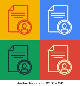 Pop art line Resume icon isolated on color background. CV application. Searching professional staff. Analyzing personnel resume.  Vector