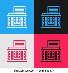 Pop art line Retro typewriter and paper sheet icon isolated on color background.  Vector Illustration