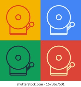 Pop art line Ringing alarm bell icon isolated on color background. Fire alarm system. Service bell, handbell sign, notification symbol.  Vector Illustration