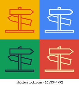 Pop art line Road traffic sign. Signpost icon isolated on color background. Pointer symbol. Street information sign. Direction sign.  Vector Illustration