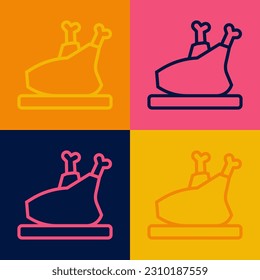 Pop art line Roasted turkey or chicken icon isolated on color background.  Vector