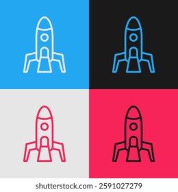 Pop art line Rocket ship icon isolated on color background. Space travel.  Vector