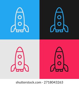 Pop art line Rocket ship icon isolated on color background. Space travel.  Vector