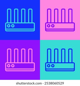 Pop-Art-Linie Router und Wi-Fi-Signal-Symbol einzeln auf farbigem Hintergrund. Drahtloser Ethernet-Modem-Router. Computer-Technologie Internet.  Vektorgrafik