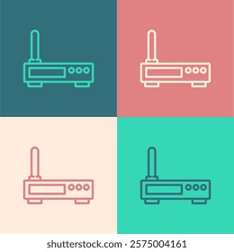 Pop art line Router and wi-fi signal icon isolated on color background. Wireless ethernet modem router. Computer technology internet.  Vector