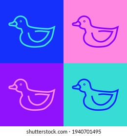 Pop art line Rubber duck icon isolated on color background.  Vector