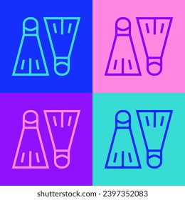 Pop art line Rubber flippers for swimming icon isolated on color background. Diving equipment. Extreme sport. Sport equipment.  Vector Illustration