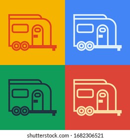Pop art line Rv Camping trailer icon isolated on color background. Travel mobile home, caravan, home camper for travel.  Vector Illustration