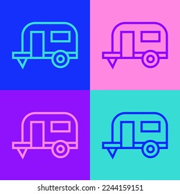 Pop art line Rv Camping trailer icon isolated on color background. Travel mobile home, caravan, home camper for travel.  Vector