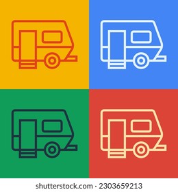 Pop art line Rv Camping trailer icon isolated on color background. Travel mobile home, caravan, home camper for travel.  Vector