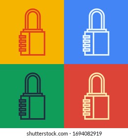 Pop art line Safe combination lock icon isolated on color background. Combination padlock. Security, safety, protection, password, privacy.  Vector Illustration
