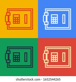 Pop art line Safe icon isolated on color background. The door safe a bank vault with a combination lock. Reliable Data Protection.  Vector Illustration