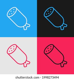 Pop art line Salami sausage icon isolated on color background. Meat delicatessen product.  Vector