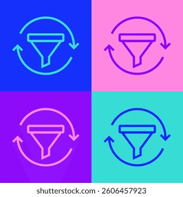 Pop art line Sales funnel with chart for marketing and startup business icon isolated on color background. Infographic template.  Vector