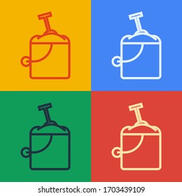 Pop art line Sand in bucket with shovel icon isolated on color background. Plastic kid toy. Summer icon.  Vector Illustration