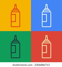 Pop art line Sauce bottle icon isolated on color background. Ketchup, mustard and mayonnaise bottles with sauce for fast food.  Vector