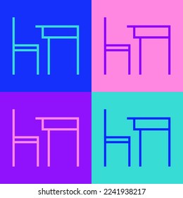 Línea de arte pop Tabla de escuela y silla del icono del aula aislado en el fondo del color. El escritorio de la escuela.  Ilustración vectorial
