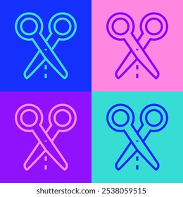 Pop art line Scissors with cut line icon isolated on color background. Tailor symbol. Cutting tool sign.  Vector