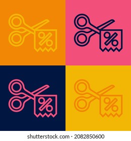 Pop art line Scissors cuts discount coupon icon isolated on color background. The concept of selling in an online supermarket at low prices or half the cost.  Vector